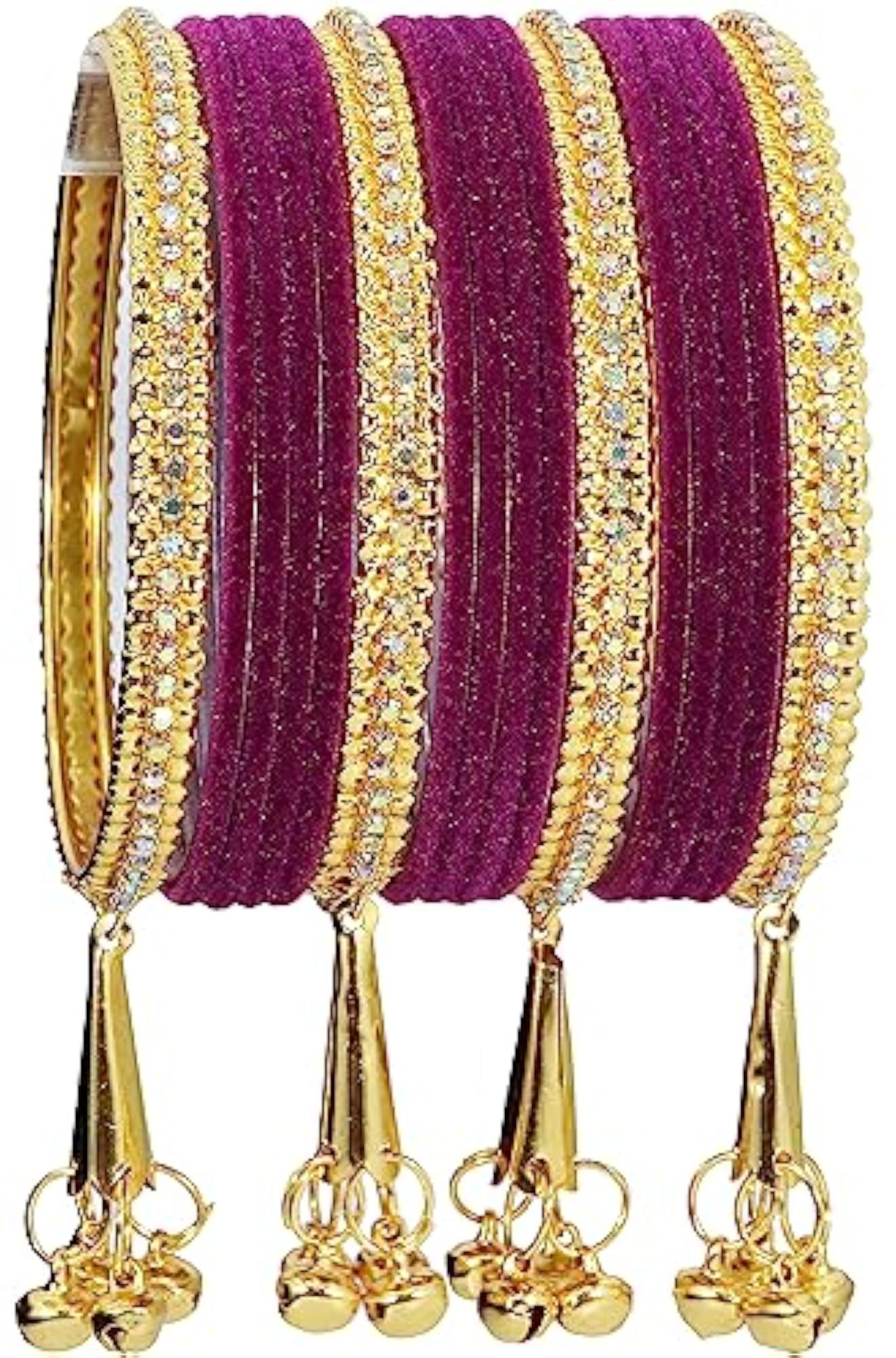 Zircon Gemstone Bangle Bracelet Set with Velvet Studded Bells